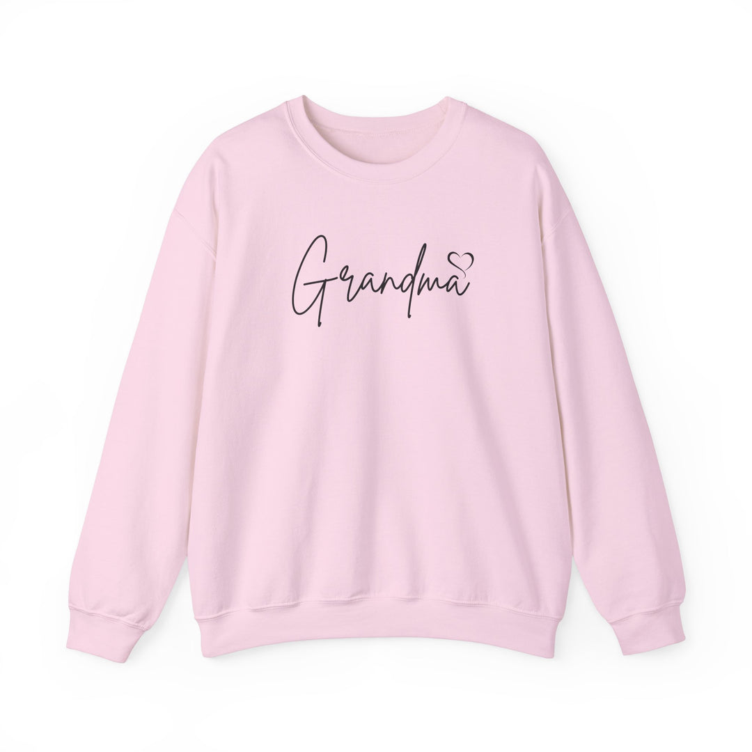 A cozy Grandma Love Crew unisex sweatshirt in pink with black text. Made of cotton and polyester blend, ribbed knit collar, no itchy seams. Sizes S-5XL. Ideal for comfort and style.