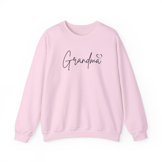 A cozy Grandma Love Crew unisex sweatshirt in pink with black text. Made of cotton and polyester blend, ribbed knit collar, no itchy seams. Sizes S-5XL. Ideal for comfort and style.
