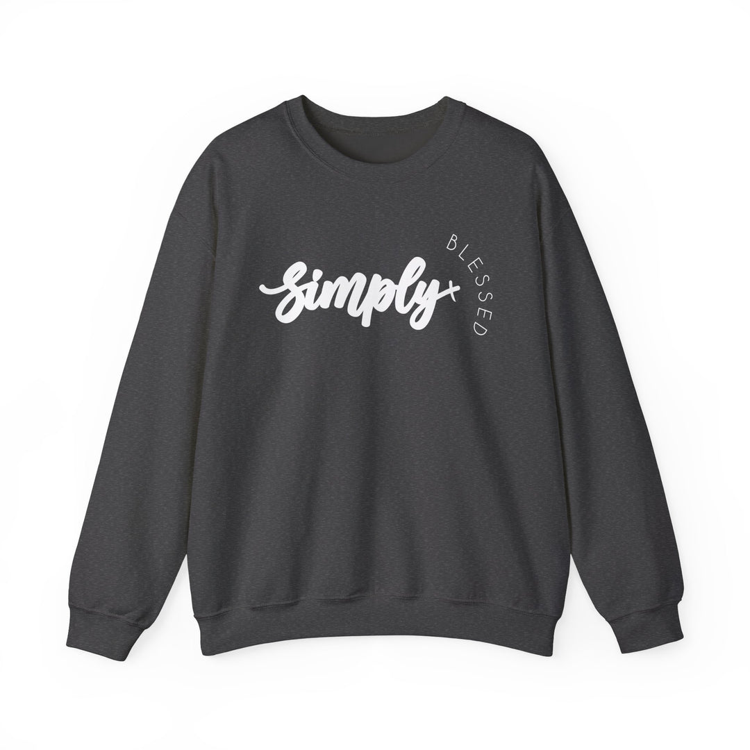 Simply Blessed Crew sweatshirt featuring bold white text on a black background, offering a comfortable, unisex fit with a ribbed knit collar.