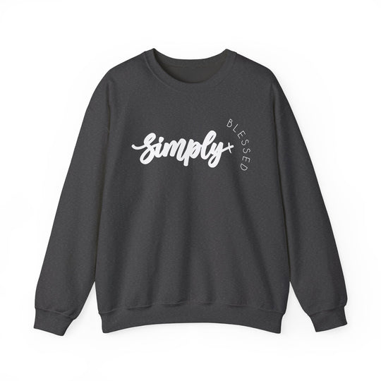Simply Blessed Crew sweatshirt featuring bold white text on a black background, offering a comfortable, unisex fit with a ribbed knit collar.