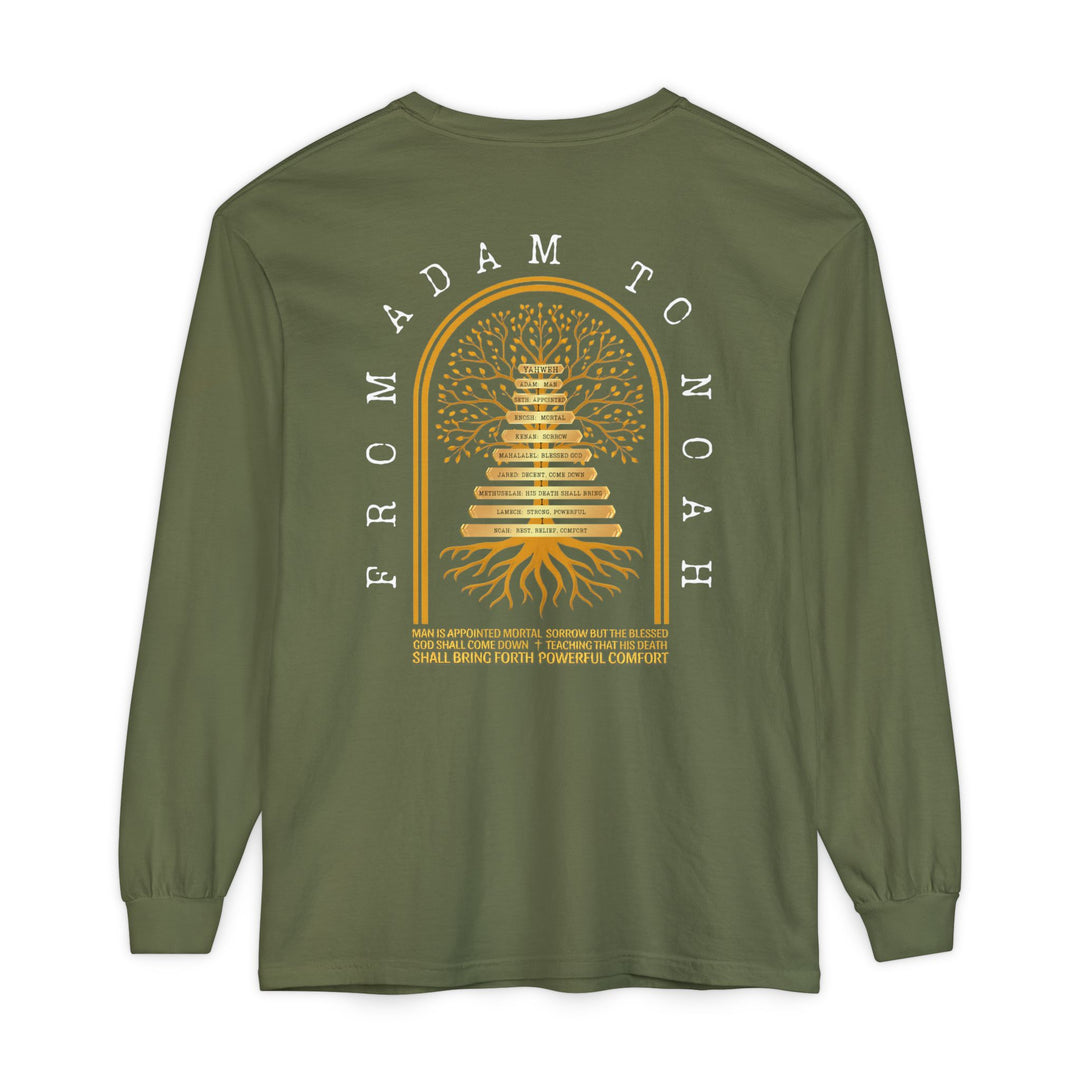 Noah to Adam Long Sleeve T-Shirt features a detailed family tree graphic with biblical names and a meaningful caption on the back.