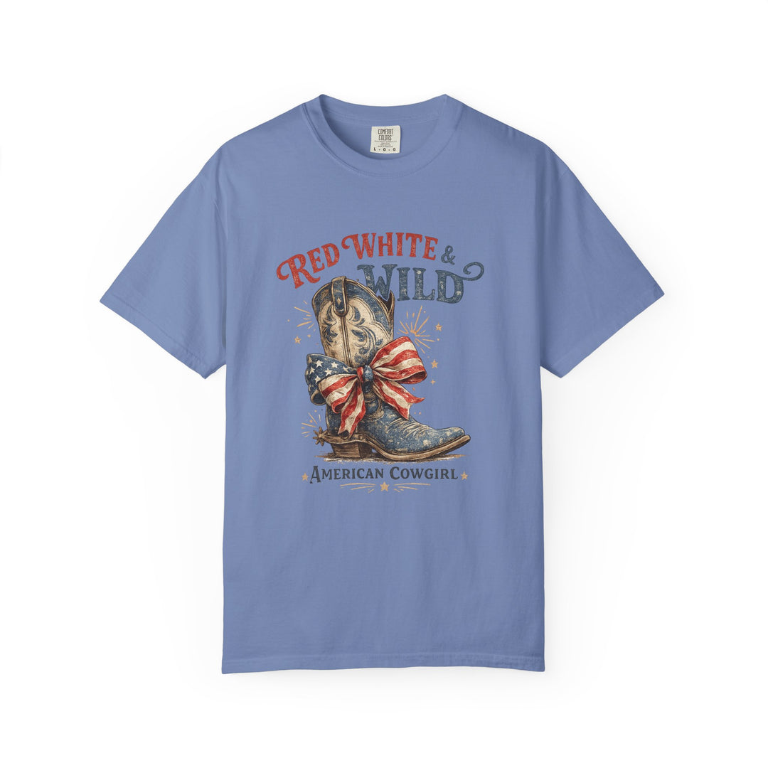 Red White and Wild Tee featuring an Americana cowgirl motif with a cowboy boot and American-flag bow, ideal for casual, comfortable wear.