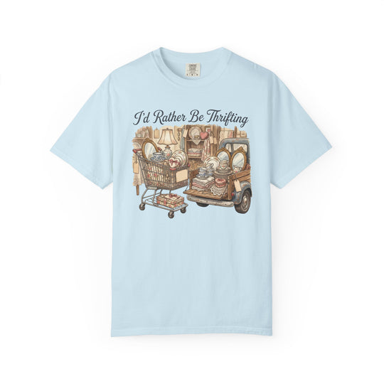 “I’d Rather Be Thrifting Tee” featuring a vintage pickup overflowing with thrifted treasures and a shopping cart, on a relaxed-fit, durable cotton T-shirt.