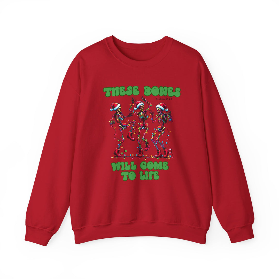 Bones Come to Life Crew sweatshirt featuring festive skeletons in Santa hats with Christmas lights, embodying a unique blend of comfort and joy.