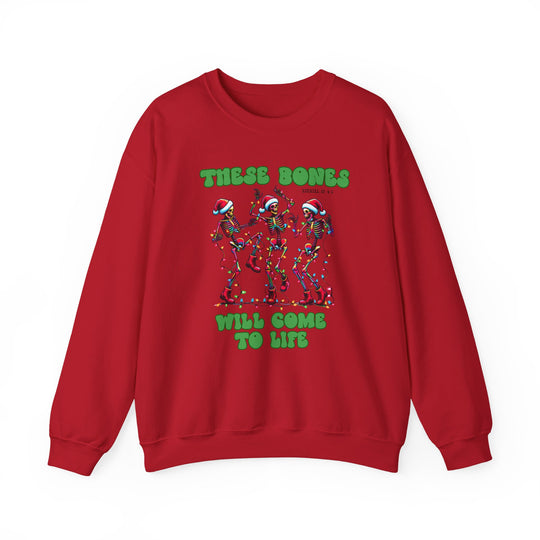 Bones Come to Life Crew sweatshirt featuring festive skeletons in Santa hats with Christmas lights, embodying a unique blend of comfort and joy.