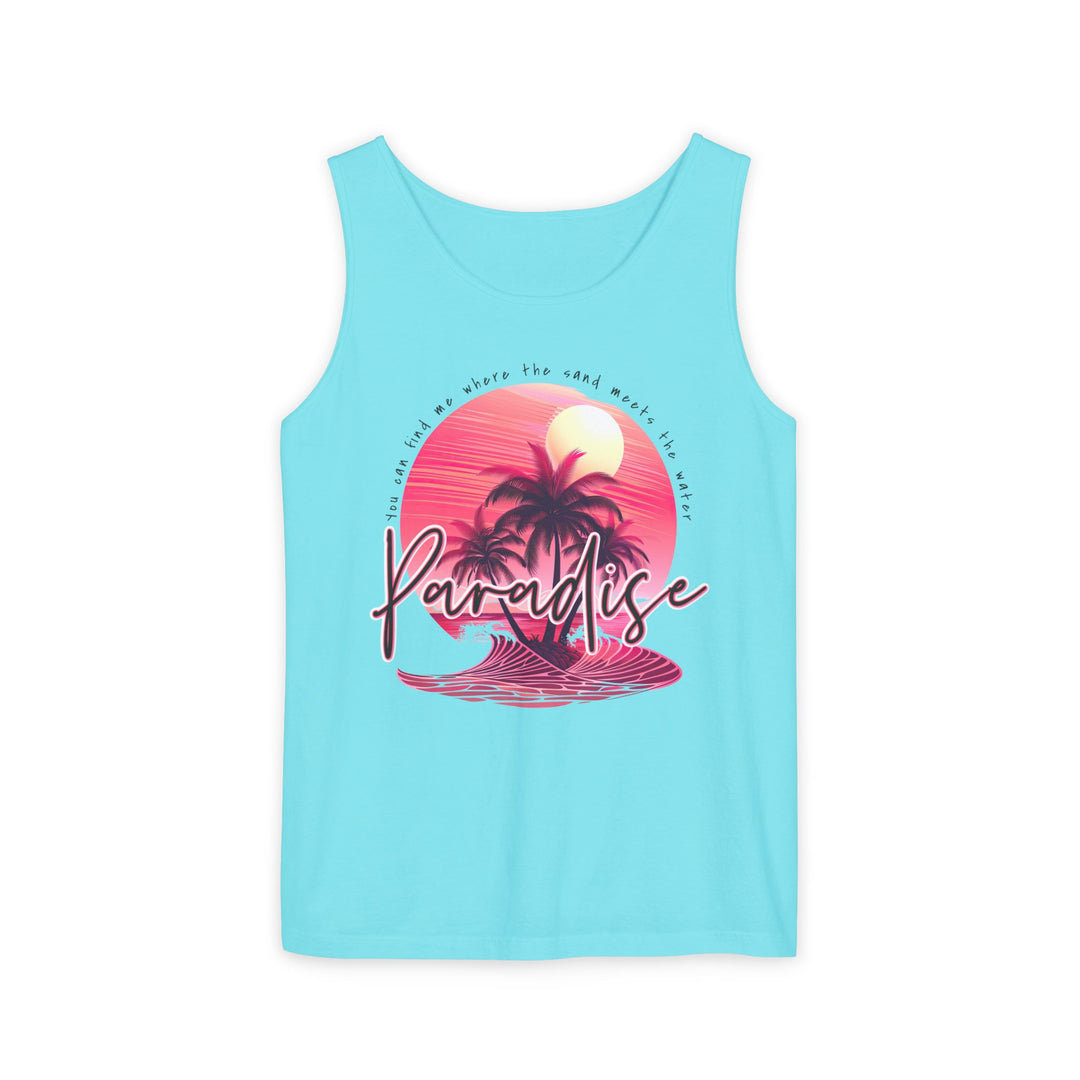 Paradise Tank Top: Unisex garment-dyed tank, relaxed fit, made from 100% ringspun US cotton, showcasing sustainable, ethical production with vibrant, eco-friendly dyes.
