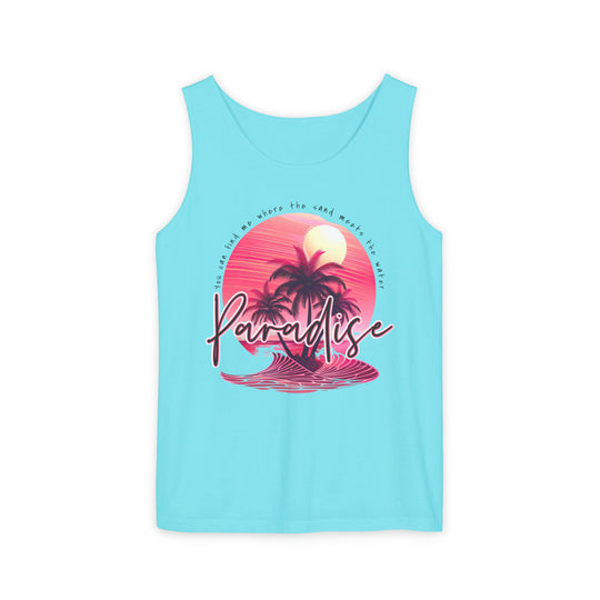 Paradise Tank Top: Unisex garment-dyed tank, relaxed fit, made from 100% ringspun US cotton, showcasing sustainable, ethical production with vibrant, eco-friendly dyes.