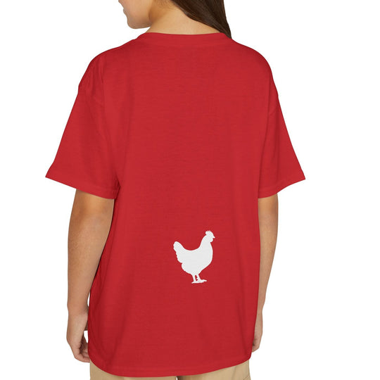 Child in red Guess What Chicken Butt Tee, featuring a white chicken silhouette, wearing tan cargo shorts. Image highlights t-shirt's modern classic fit and durability.