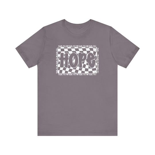 Hope Tee: Grey t-shirt featuring a black and white graphic design, crafted from soft cotton with ribbed knit collars and durable dual side seams.