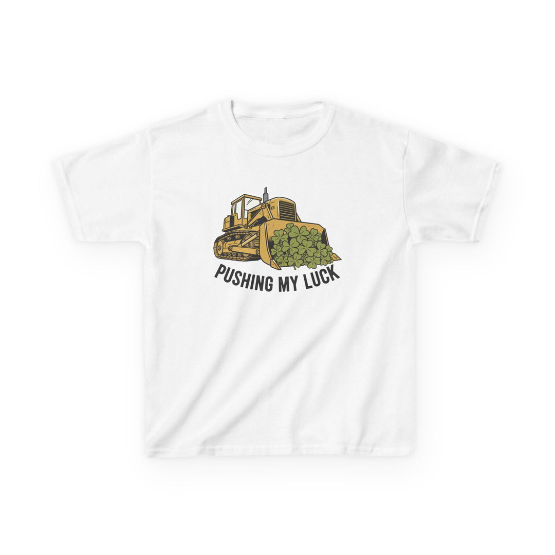 Kids Pushing My Luck tee featuring a cartoon bulldozer with shamrocks, crafted from soft, durable cotton, ideal for everyday wear.