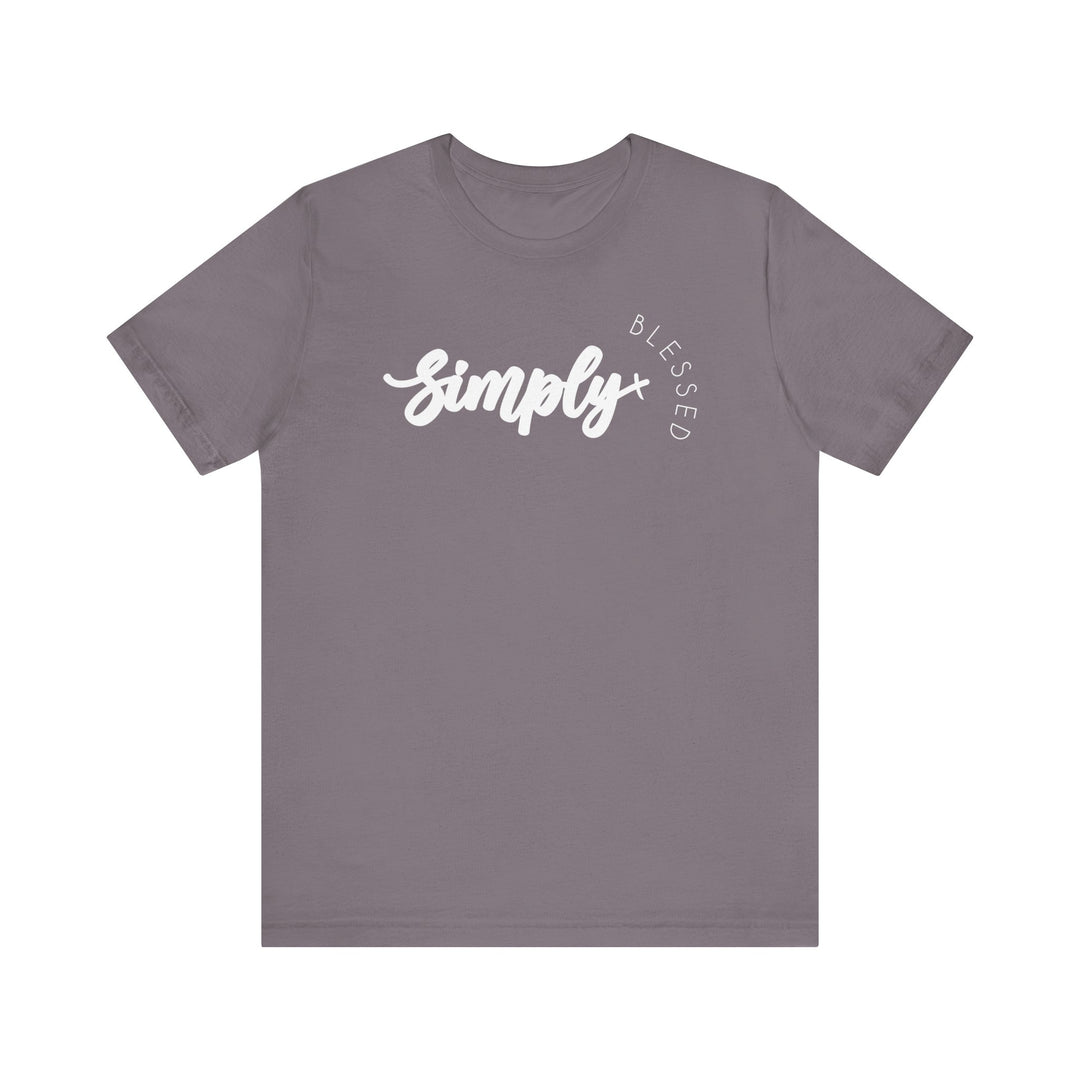 Simply Blessed Tee: A grey t-shirt featuring white text, crafted from soft cotton with ribbed knit collars and dual side seams for a lasting, comfortable fit.