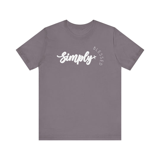 Simply Blessed Tee: A grey t-shirt featuring white text, crafted from soft cotton with ribbed knit collars and dual side seams for a lasting, comfortable fit.