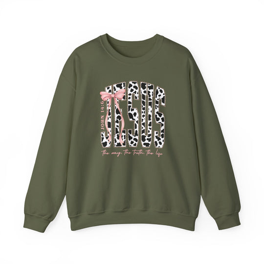 John 14:6 Crew sweatshirt featuring JESUS in cow-print with pink bow and scripture. Comfortable cotton-poly blend, loose fit, ribbed collar, no side seams.
