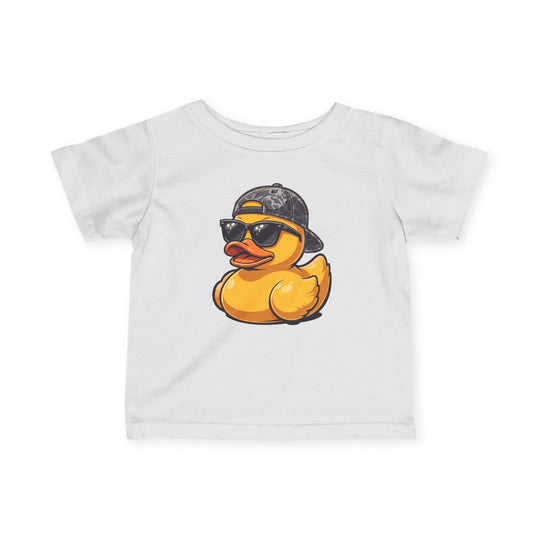 Ducky Baby Tee featuring a yellow rubber duck with sunglasses and a camo cap on a toddler-size white T-shirt, emphasizing comfort and durability for young children.
