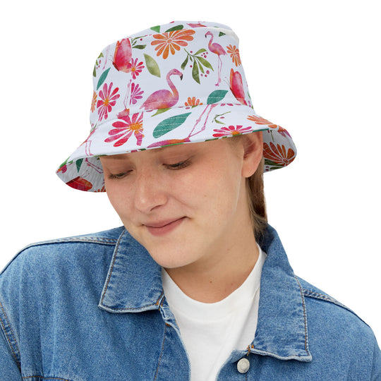 Flamingo Bucket Hat, 100% polyester, available in two sizes, with customizable seam lines and patterns, offering a modern twist on a classic fashion staple.
