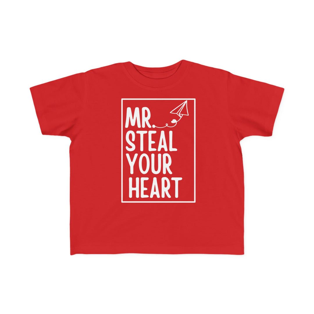 Mr. Steal Your Heart Tee features a hand-drawn-style graphic with text and a paper-airplane doodle, ideal for toddlers with its soft, durable cotton fabric.