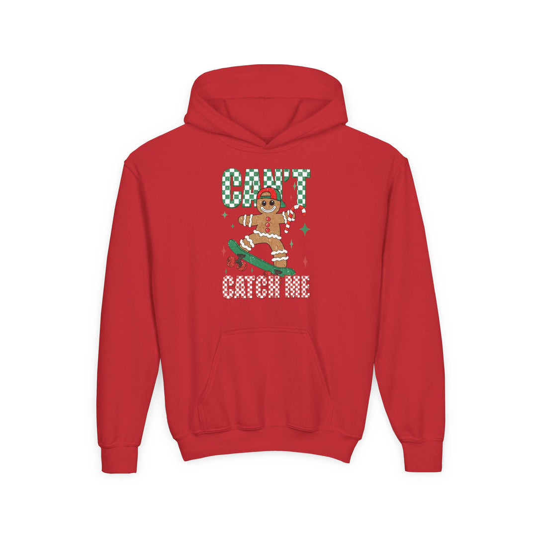 Can't Catch Me Youth Hoodie featuring a cartoon gingerbread man skateboarding, wearing a cap, with CAN'T CATCH ME slogan in checkerboard font above and below.