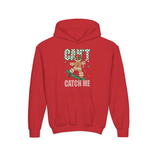 Can't Catch Me Youth Hoodie featuring a cartoon gingerbread man skateboarding, wearing a cap, with CAN'T CATCH ME slogan in checkerboard font above and below.