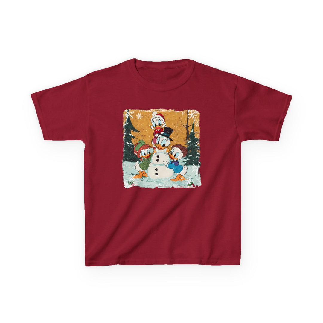 Duck Snowmen Kids Tee features Donald Duck and nephews building a snowman, perfect for everyday wear, made from durable, ethically-sourced cotton, ideal for winter festivities.