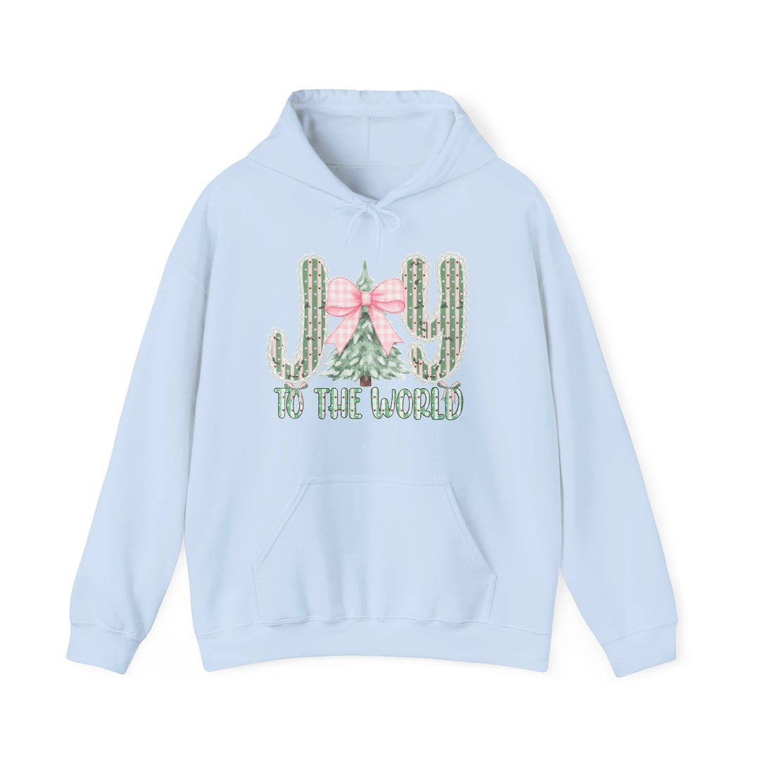 Joy to the World Hoodie features a festive cactus and fir-tree graphic with JOY, on a pastel-blue pullover, perfect for warm, stylish comfort.