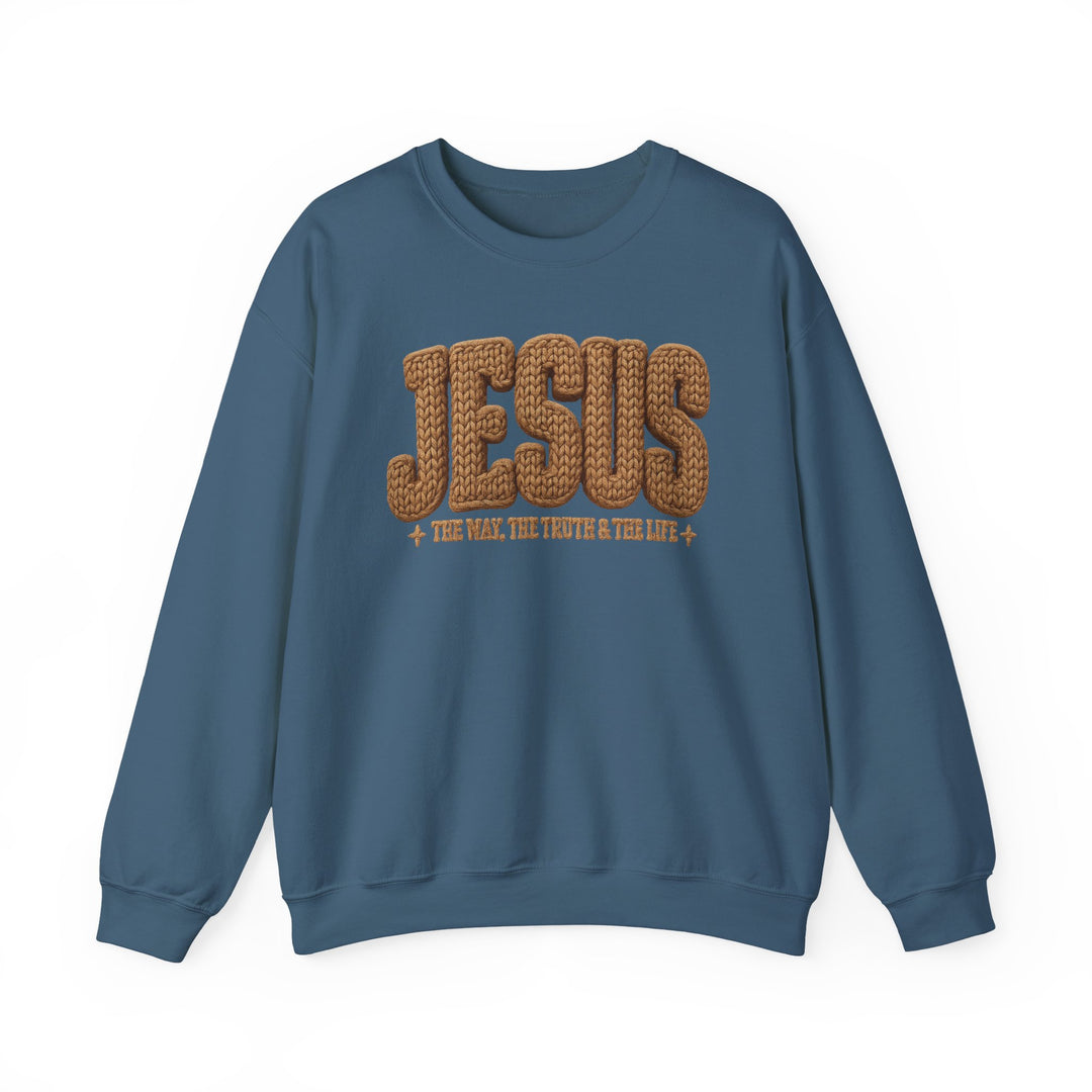 Blue crewneck sweatshirt featuring JESUS and The Way, The Truth & The Life in textured lettering, blending comfort with faith-inspired design from Faith Family Designs.