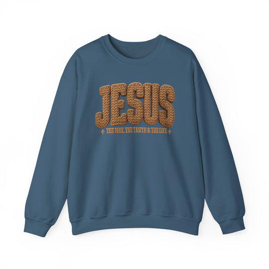 Blue crewneck sweatshirt featuring JESUS and The Way, The Truth & The Life in textured lettering, blending comfort with faith-inspired design from Faith Family Designs.