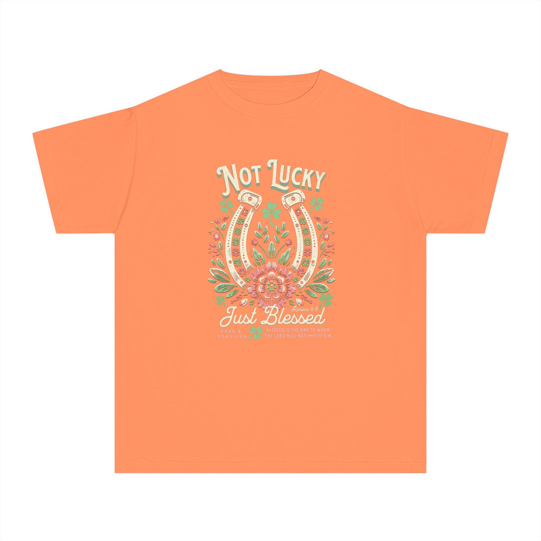 Blessed Tee: Orange t-shirt featuring a graphic horseshoe and flowers, designed for kids' active wear, crafted from soft, 100% combed ring-spun cotton for comfort.