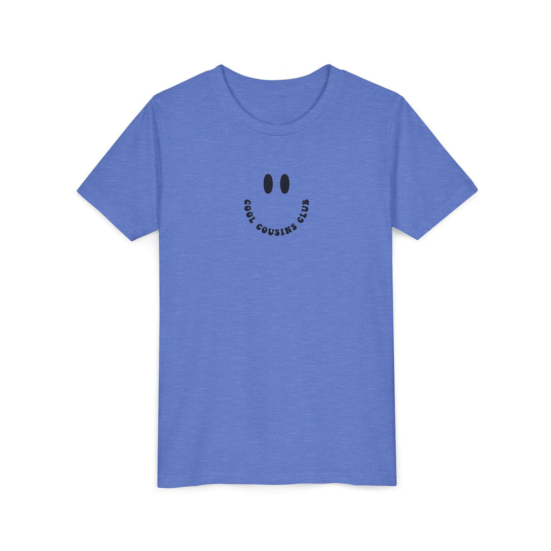 Cool Cousins Club Youth Tee, a lightweight, soft short-sleeve shirt made from ring-spun cotton, designed for comfort and showcasing custom artwork. Ideal for kids.