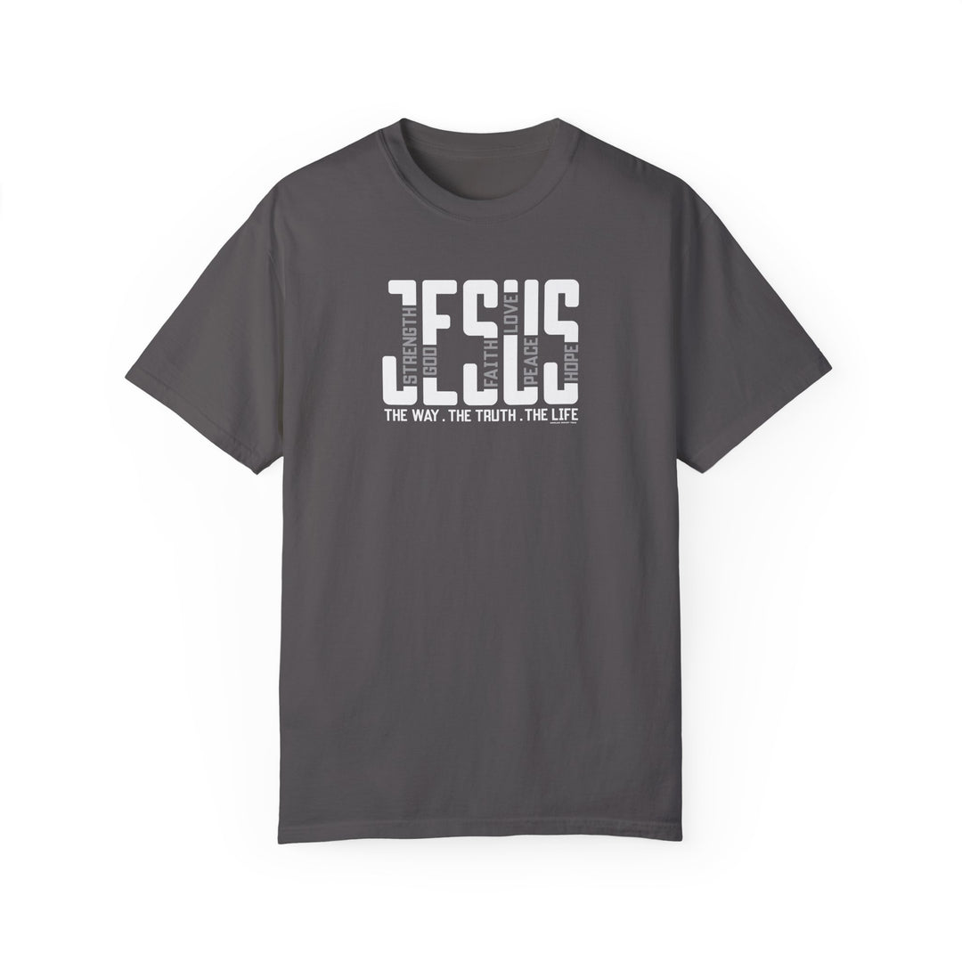 A relaxed fit Jesus Tee, crafted from 100% ring-spun cotton. Garment-dyed for extra coziness, with double-needle stitching for durability and a seamless design for a tubular shape.