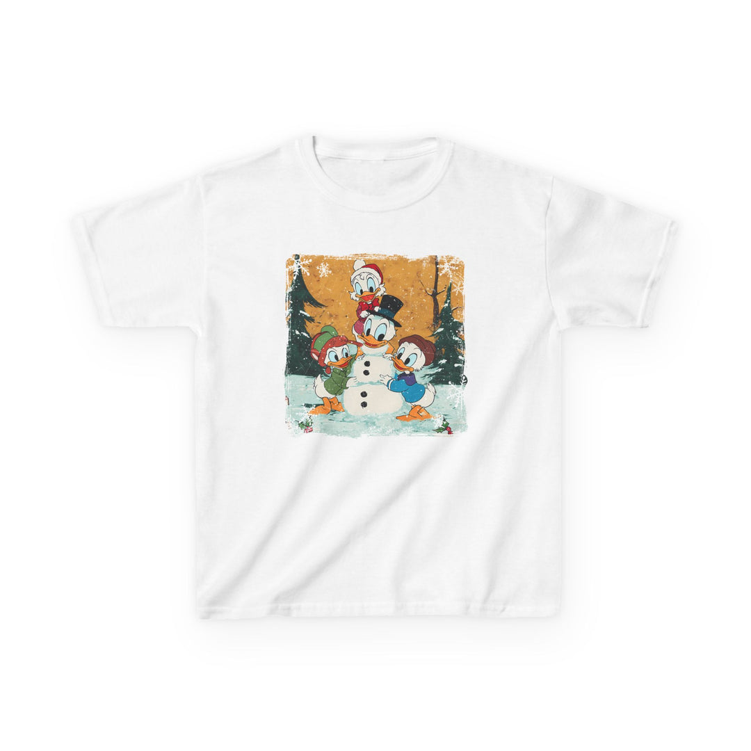Duck Snowmen Kids Tee featuring Donald Duck and nephews building a snowman in a snowy forest, perfect for everyday wear with durable, soft cotton fabric.