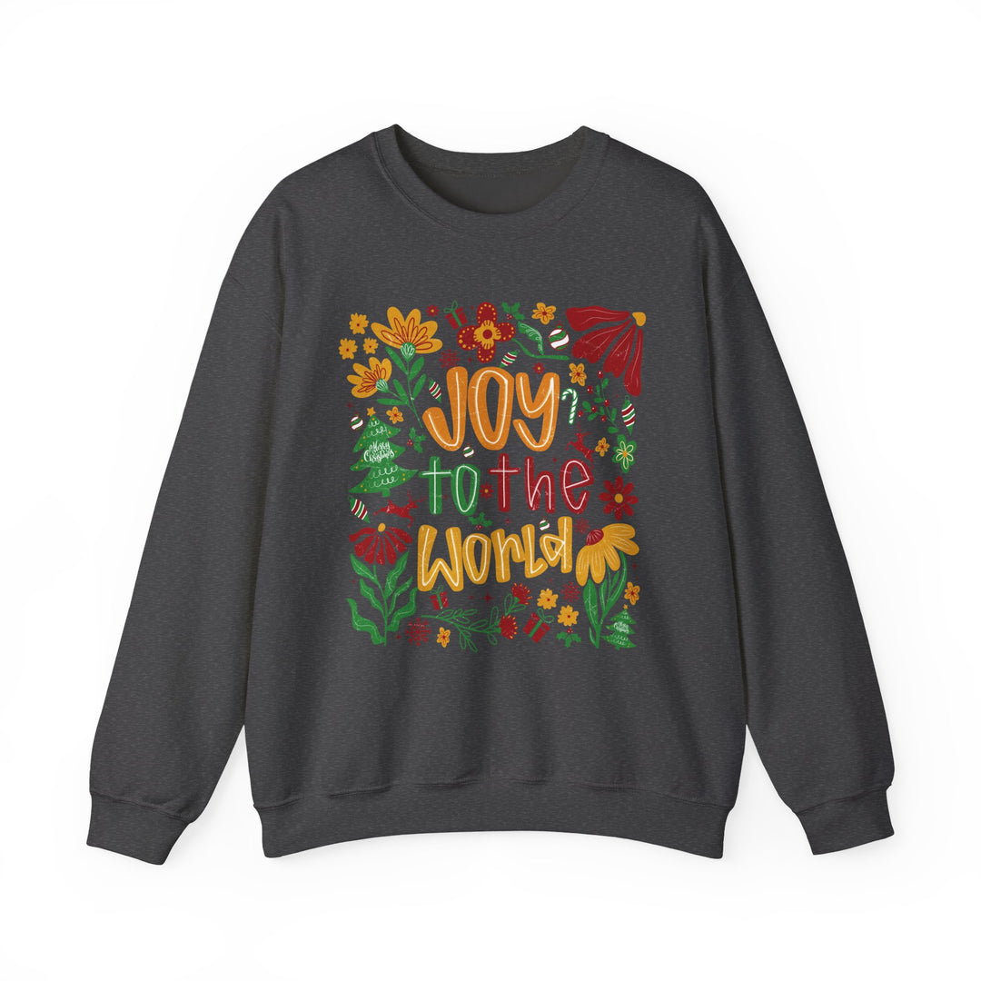 Dark charcoal-gray crewneck sweatshirt featuring 'Joy to the World' with festive, hand-drawn holiday graphics, ideal for cozy, stylish comfort.