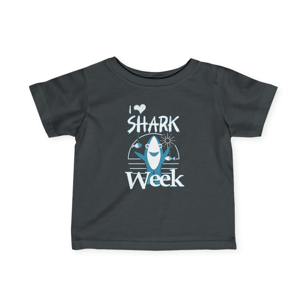 I Love Shark Week Baby Tee featuring durable side seams and ribbed knitting, designed for toddlers' comfort with a classic fit.