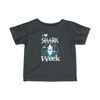 I Love Shark Week Baby Tee featuring durable side seams and ribbed knitting, designed for toddlers' comfort with a classic fit.