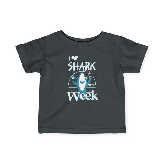 I Love Shark Week Baby Tee featuring durable side seams and ribbed knitting, designed for toddlers' comfort with a classic fit.