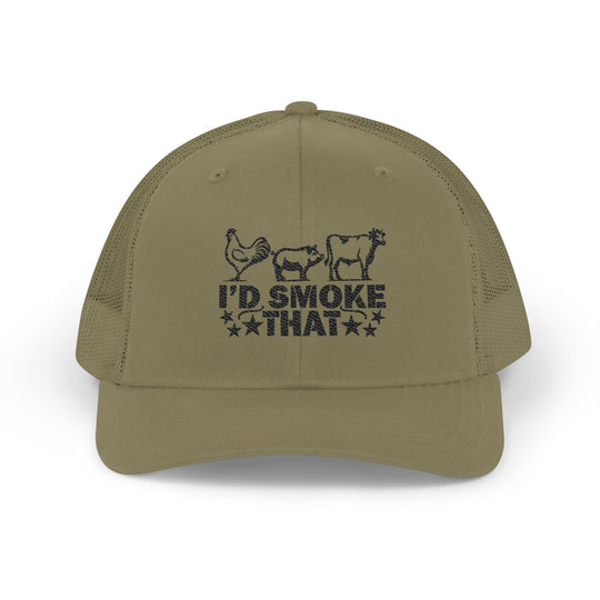 I'd Smoke That Snapback Trucker Cap (Embroidery) with classic 6-panel design, mid-profile fit, and adjustable snap closure, highlighting its stylish and breathable mesh back.