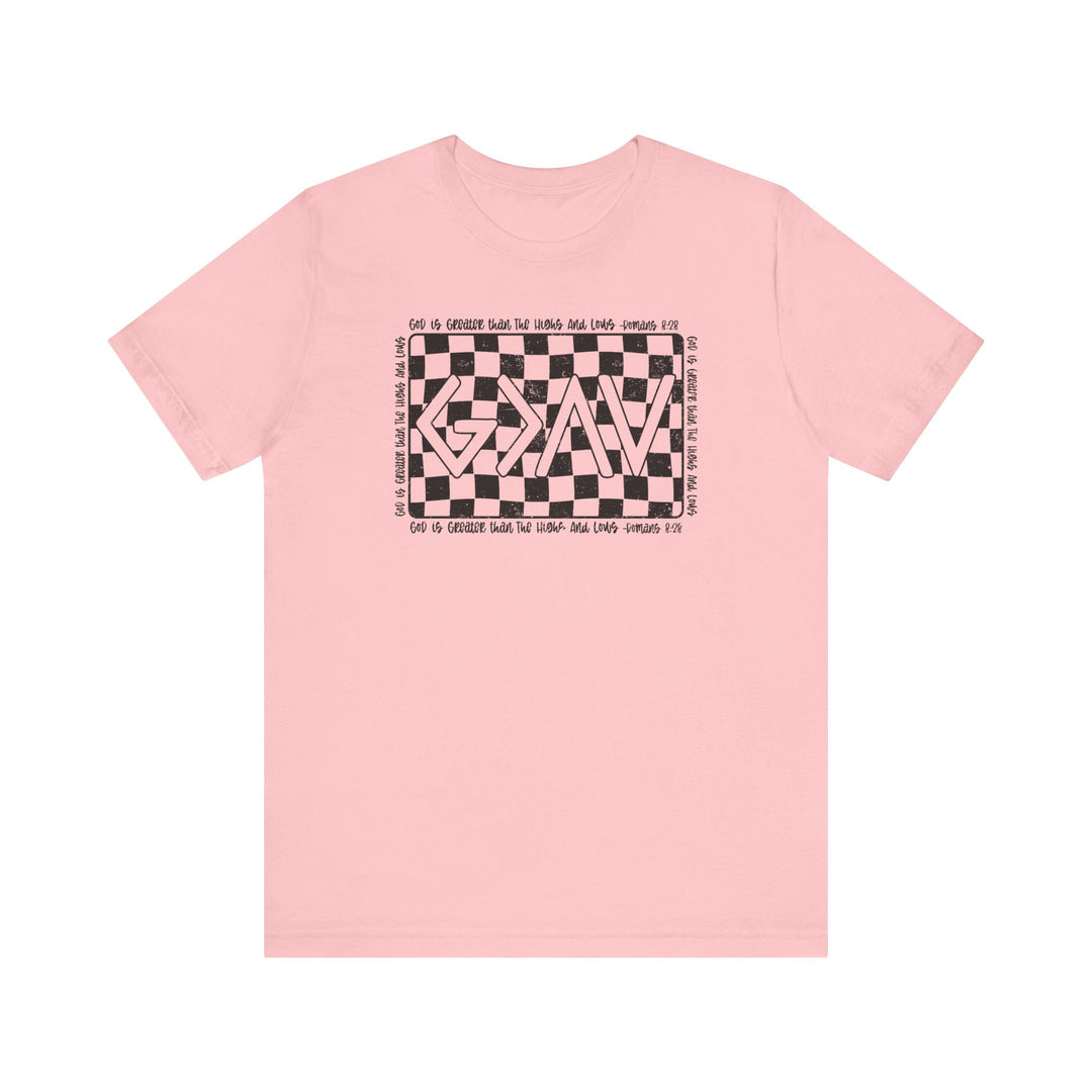 God Highs and Lows Tee featuring a pink base with a black and white checkered pattern. This unisex jersey short sleeve tee offers a soft and comfortable fit.