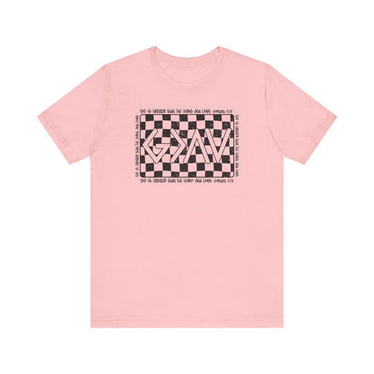 God Highs and Lows Tee featuring a pink base with a black and white checkered pattern. This unisex jersey short sleeve tee offers a soft and comfortable fit.