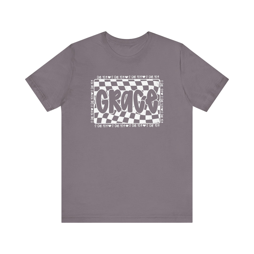 Grace Tee: A grey t-shirt with a white and black design, featuring short sleeves and a classic fit for comfortable wear.