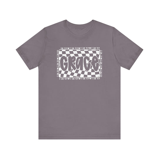 Grace Tee: A grey t-shirt with a white and black design, featuring short sleeves and a classic fit for comfortable wear.