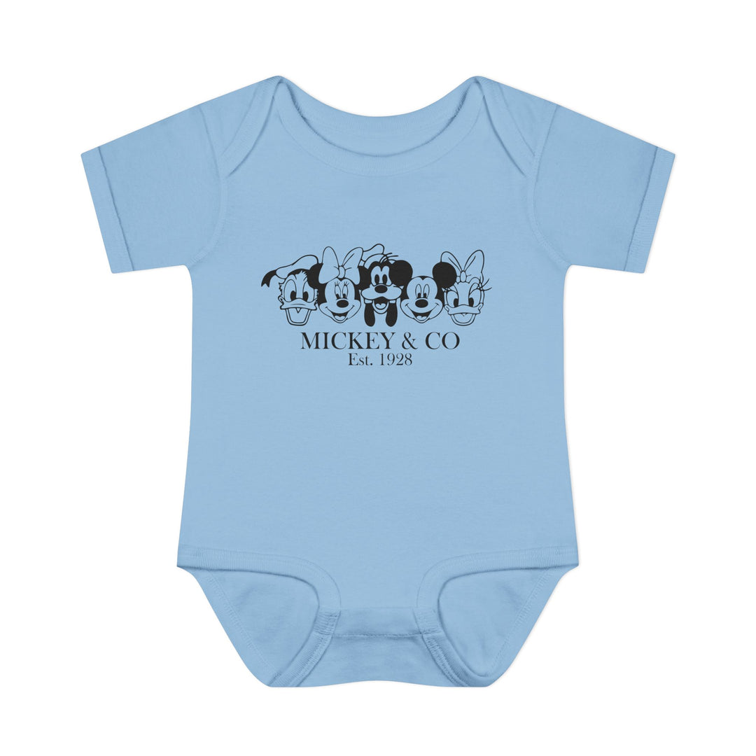 Mickey and CO Onesie for infants, featuring a soft, 100% ring-spun cotton fabric with lap shoulders for easy dressing, available in various sizes.