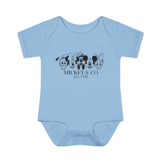 Mickey and CO Onesie for infants, featuring a soft, 100% ring-spun cotton fabric with lap shoulders for easy dressing, available in various sizes.