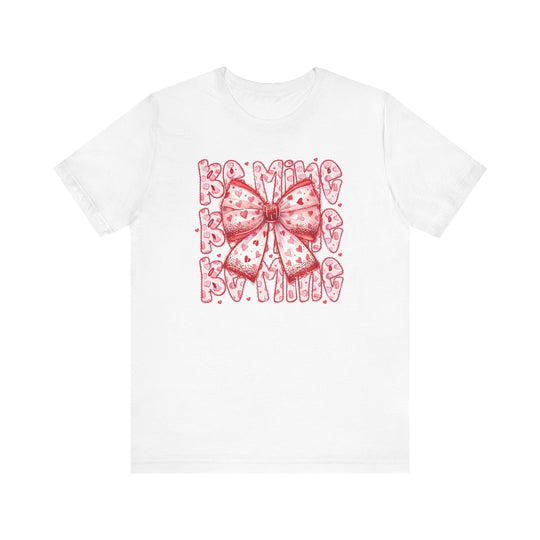 Be Mine Tee featuring a whimsical pink bow with red hearts and GAMING in bubbly letters, on a classic white crew-neck T-shirt.