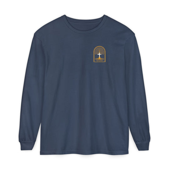 Noah to Adam Long Sleeve T-Shirt in navy-blue, featuring a gold and white tree graphic on the chest, offering a relaxed fit in 100% cotton.