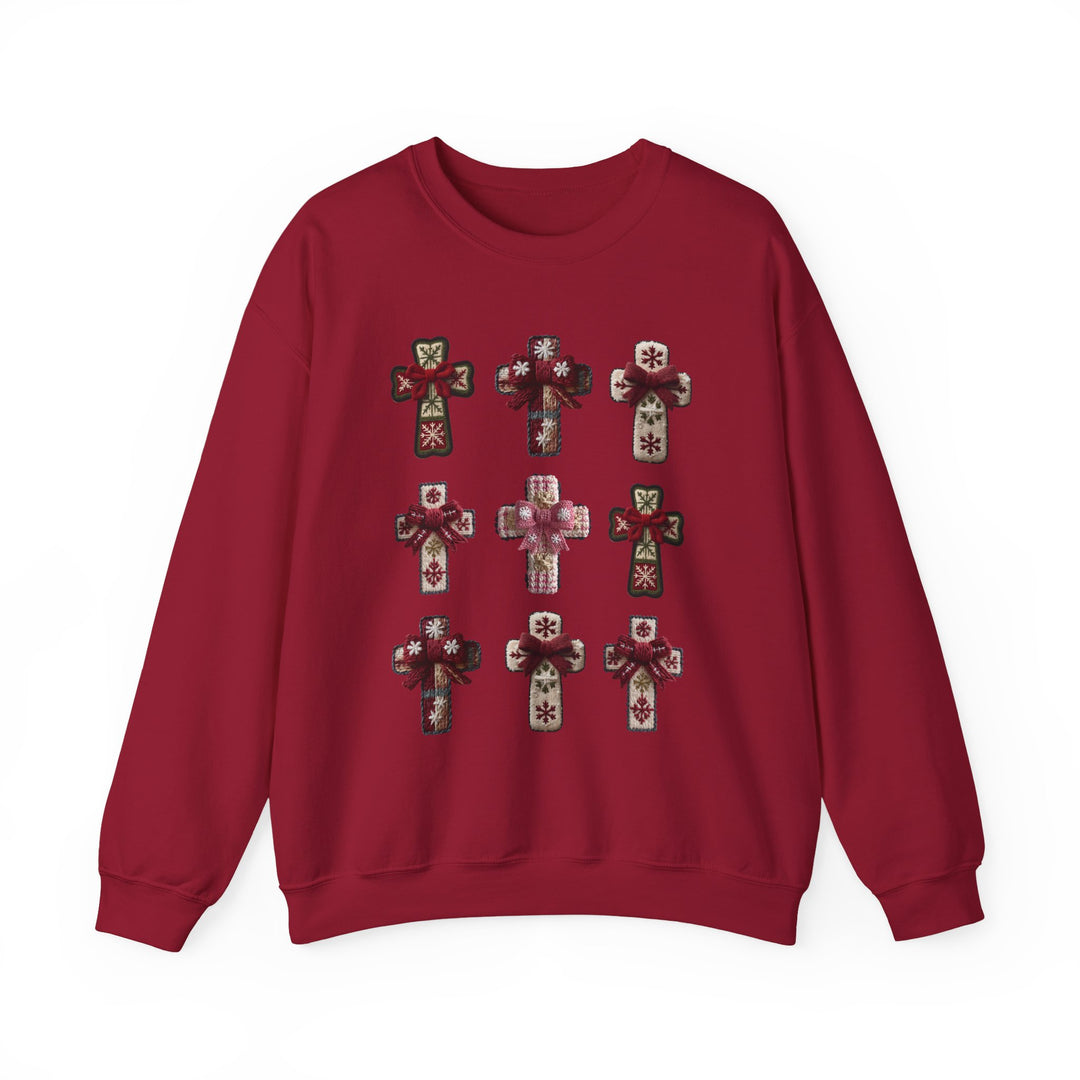 Red crew-neck sweatshirt featuring a 3x3 grid of festive decorative crosses with holiday patterns and ribbon bows, ideal for cozy, stylish wear.