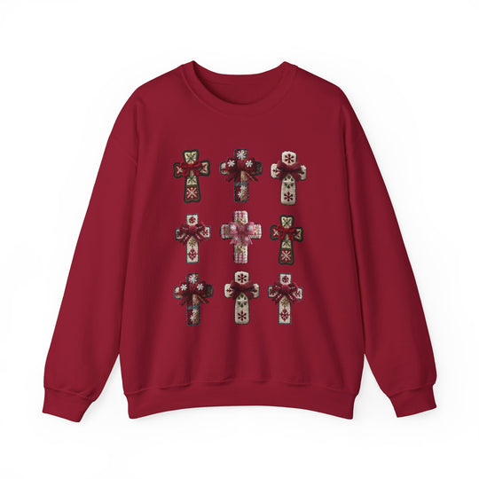 Red crew-neck sweatshirt featuring a 3x3 grid of festive decorative crosses with holiday patterns and ribbon bows, ideal for cozy, stylish wear.