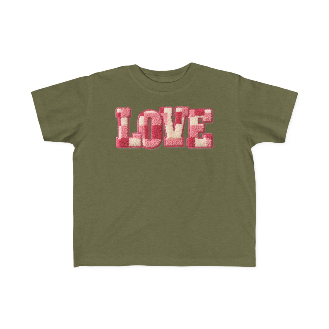 Olive-green Love Toddler Tee with pink and cream chenille-style letters, ideal for toddlers with soft, durable fabric. Classic fit, perfect for sensitive skin.