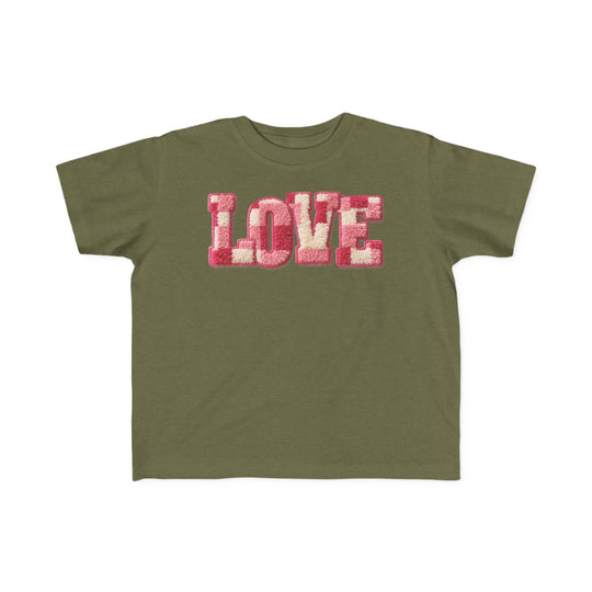 Olive-green Love Toddler Tee with pink and cream chenille-style letters, ideal for toddlers with soft, durable fabric. Classic fit, perfect for sensitive skin.