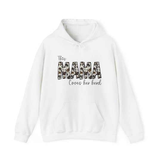 A white Mama Herd Hoodie, a blend of cotton and polyester, featuring a kangaroo pocket, drawstring hood, and classic fit. Unisex, medium-heavy fabric for warmth and comfort. No side seams, ideal for printing.