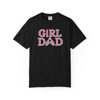 Black Girl Dad Tee with pink text, featuring a relaxed fit and durable construction, perfect for everyday wear. Made from soft, 100% ring-spun cotton.