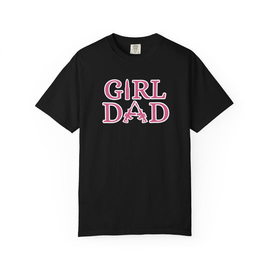 Black Girl Dad Tee with pink text, featuring a relaxed fit and durable construction, perfect for everyday wear. Made from soft, 100% ring-spun cotton.